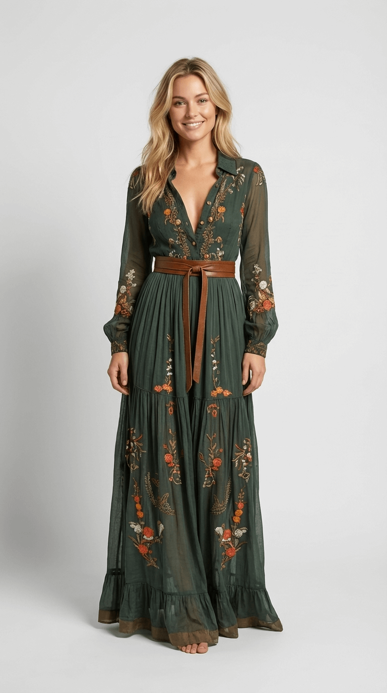 Floral Embroidered Collared Long Sleeve Belted Tiered Boho Maxi Dress