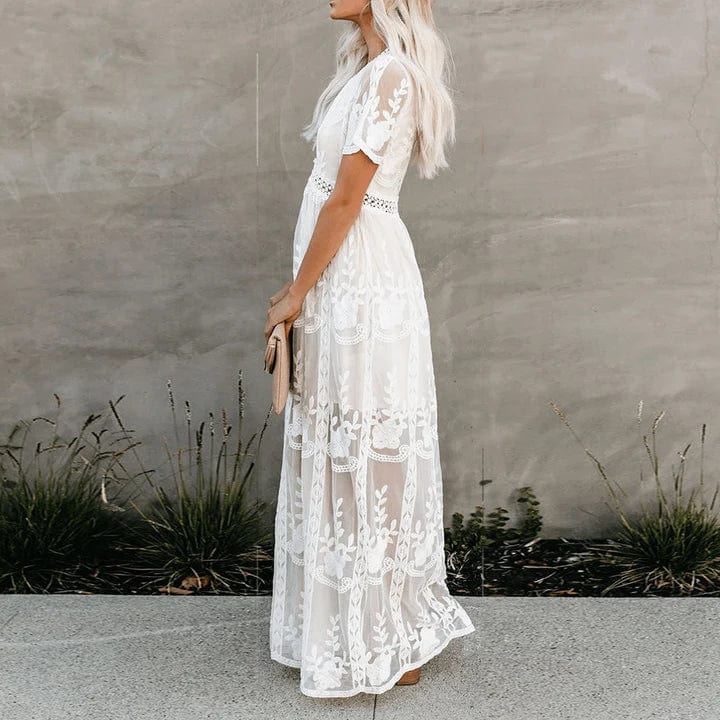 V-Neck Short Sleeve Lace Embroidered Tiered Maxi Dress 2