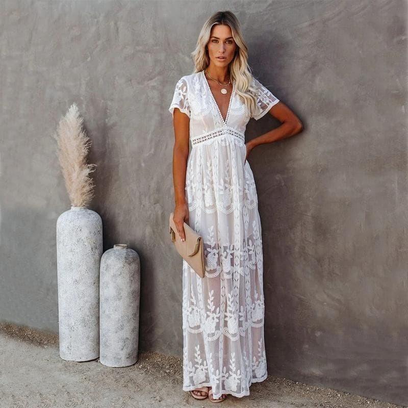 V-Neck Short Sleeve Lace Embroidered Tiered Maxi Dress