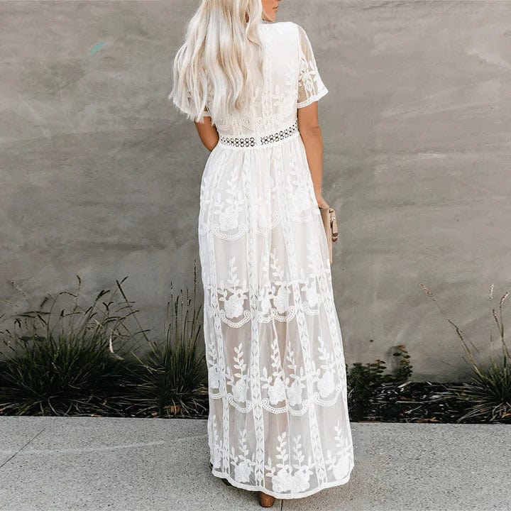 V-Neck Short Sleeve Lace Embroidered Tiered Maxi Dress 3