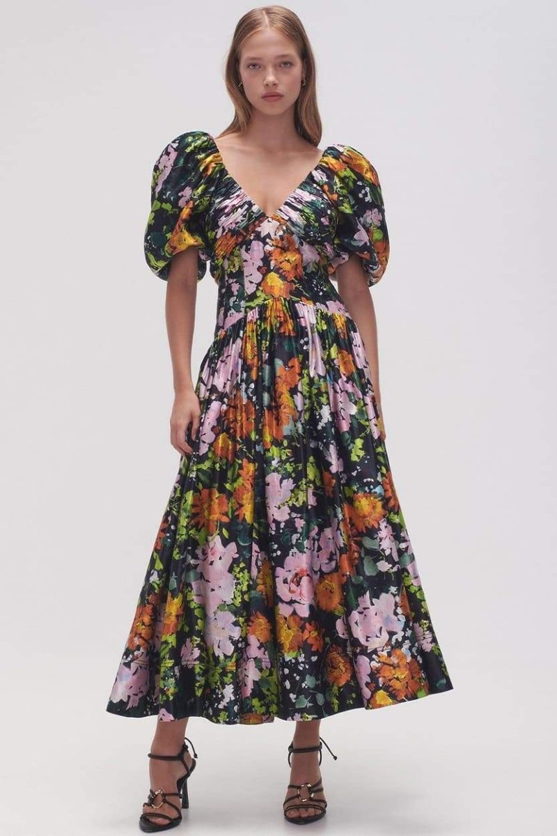 Satin Floral Print Deep V-Neck Puff Sleeve Ruched Midi Dress - View 5