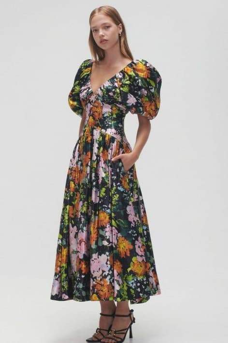 Satin Floral Print Deep V-Neck Puff Sleeve Ruched Midi Dress - View 2