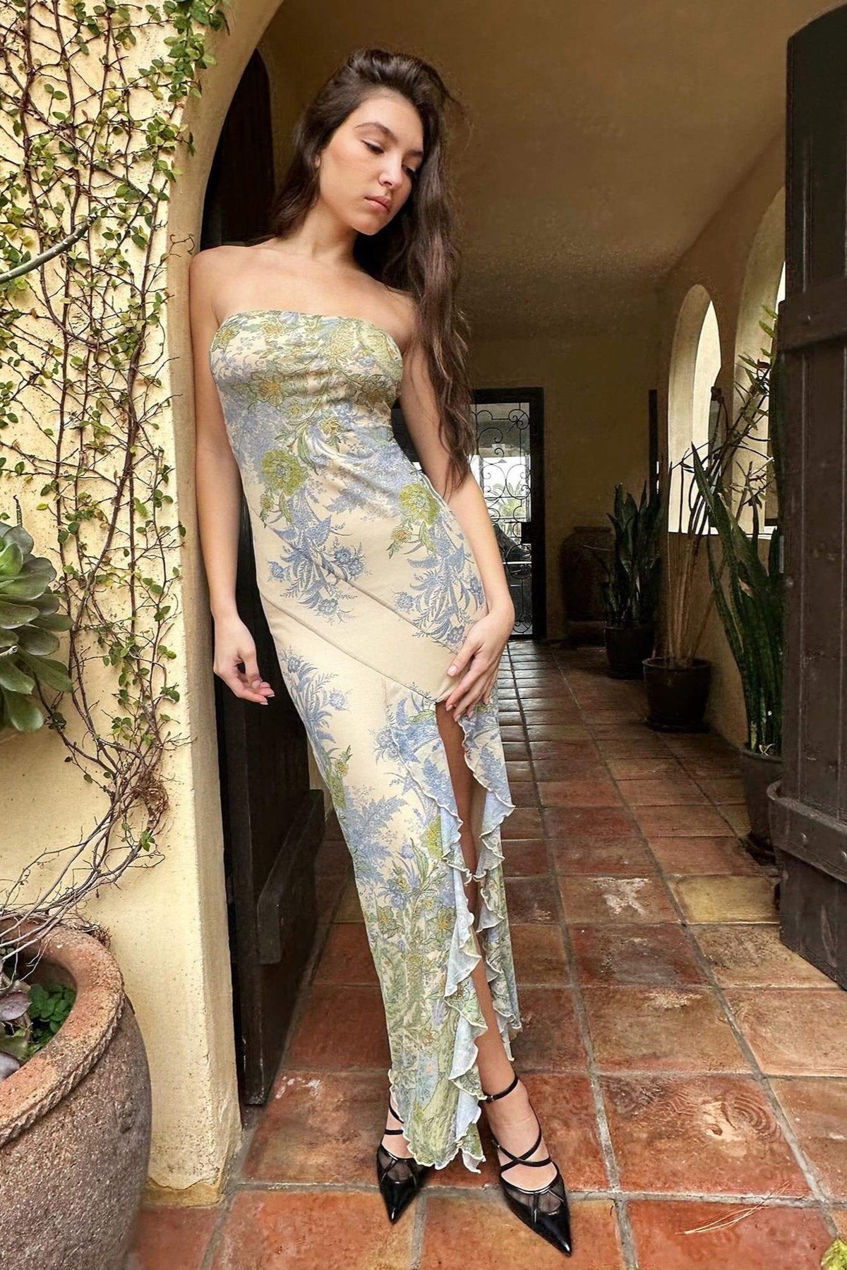 María Eugenia Printed Strapless Midi Dress