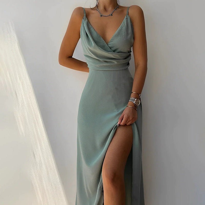 Spaghetti Strap Deep V-Neck Wrap Bodice High Split Maxi Gown - View 8