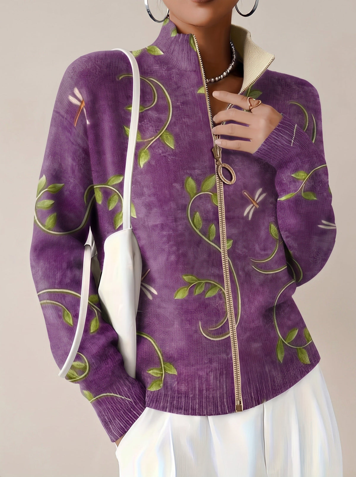 Dragonfly Vine Print Mock Neck Zip Front Knit Cardigan