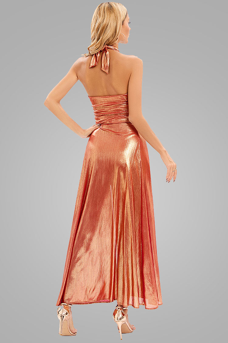 Metallic Halter Neck Buckle Trim Cutout Split Maxi Dress - Rose Gold - View 3