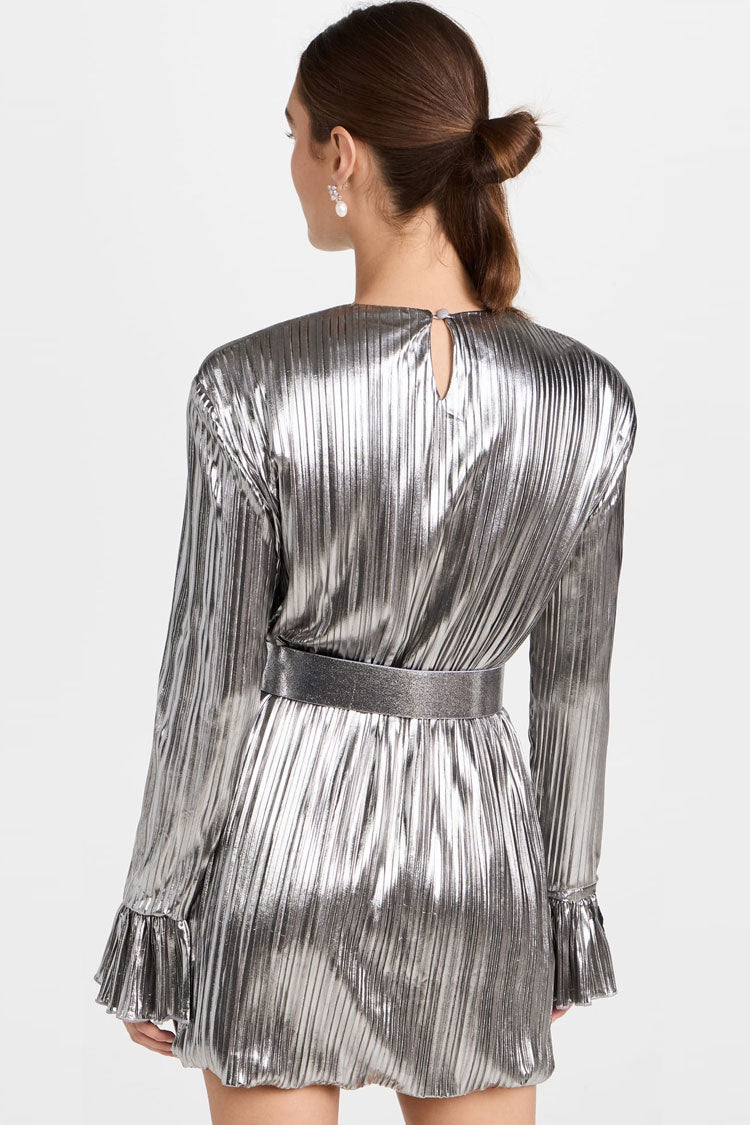 Metallic Shoulder Pad Long Sleeve Shift Pleated Mini Dress - Silver - View 3