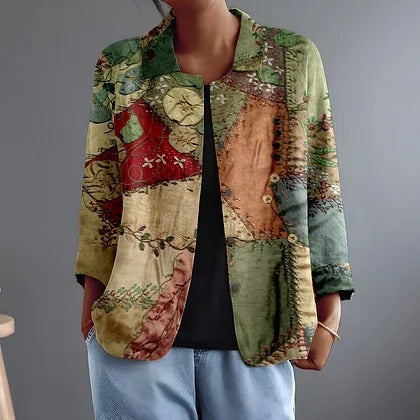 Patchwork Floral Print Open Front Long Sleeve Jacket