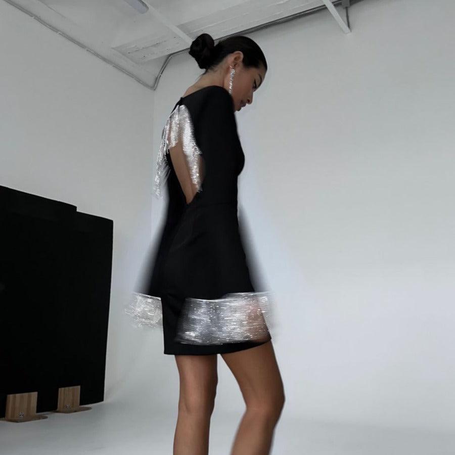 Festive Gem Sparkle Diamond Chain Backless Mini Dress - View 3