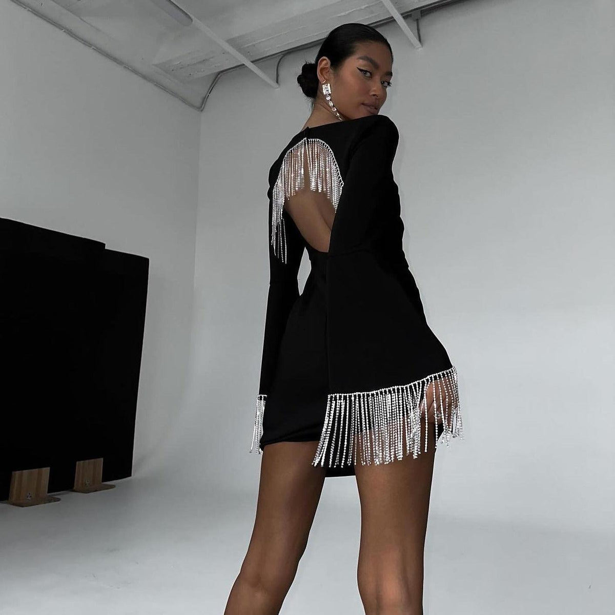 Festive Gem Sparkle Diamond Chain Backless Mini Dress - View 5