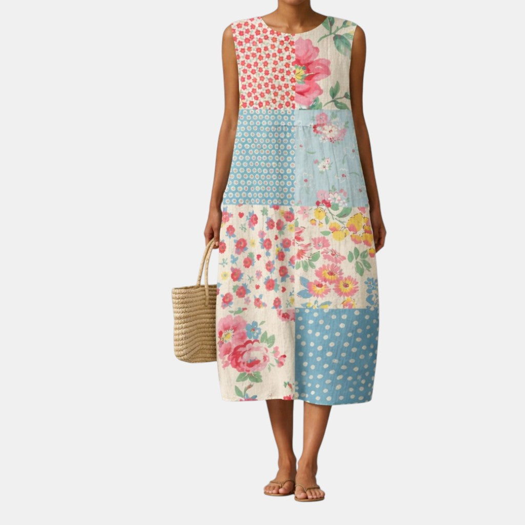 Patchwork Floral Round Neck Sleeveless Midi Dress 2