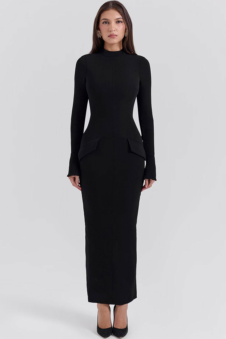 High Neck Long Sleeve Peplum Bodycon Maxi Dress in Black