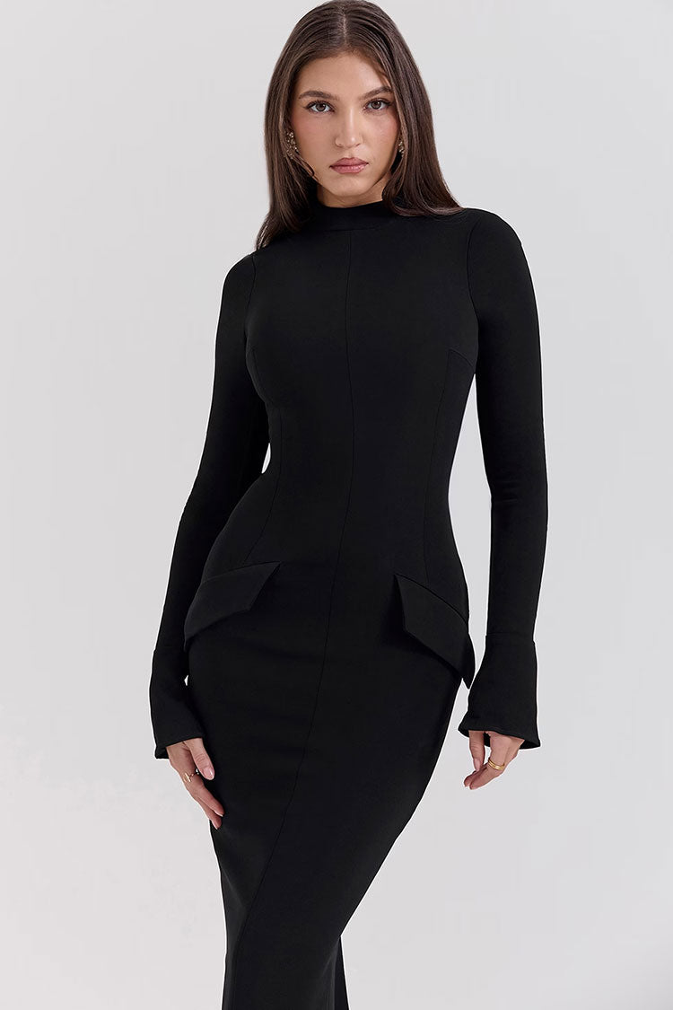 High Neck Long Sleeve Peplum Bodycon Maxi Dress - View 4