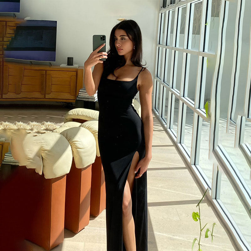 Open Back Lace Trim High Split Slip Maxi Dress - Black - View 3