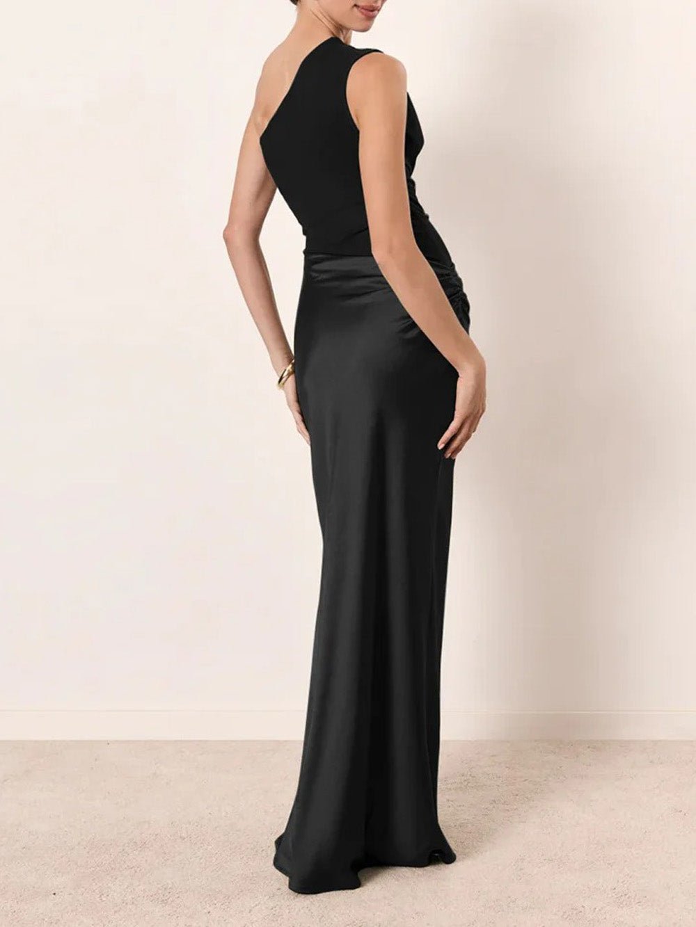 Satin One Shoulder Sleeveless Ruched Mermaid Maxi Gown in Black - View 2