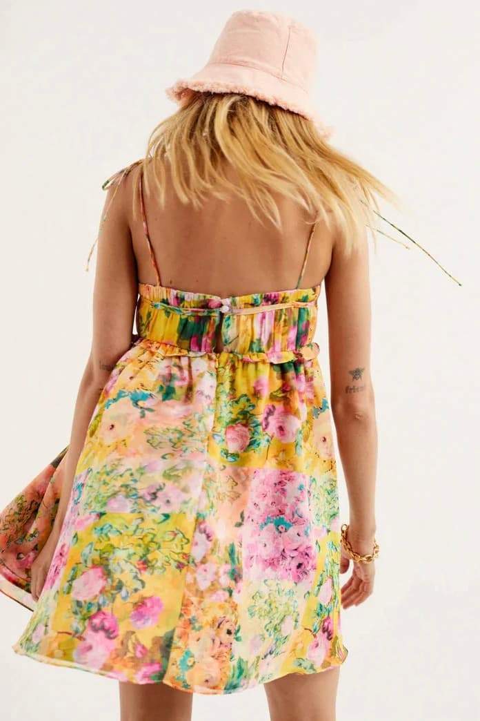 Floral Tie Strap Square Neck Babydoll Flowy Mini Summer Dress - View 2