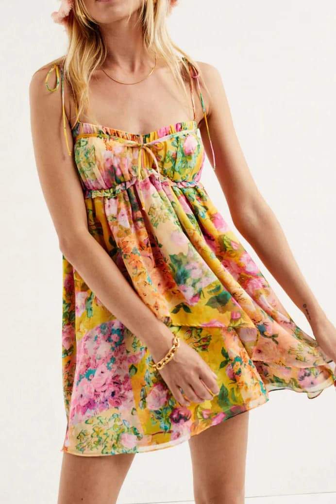 Floral Tie Strap Square Neck Babydoll Flowy Mini Summer Dress - View 7