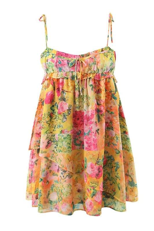 Floral Tie Strap Square Neck Babydoll Flowy Mini Summer Dress - View 5