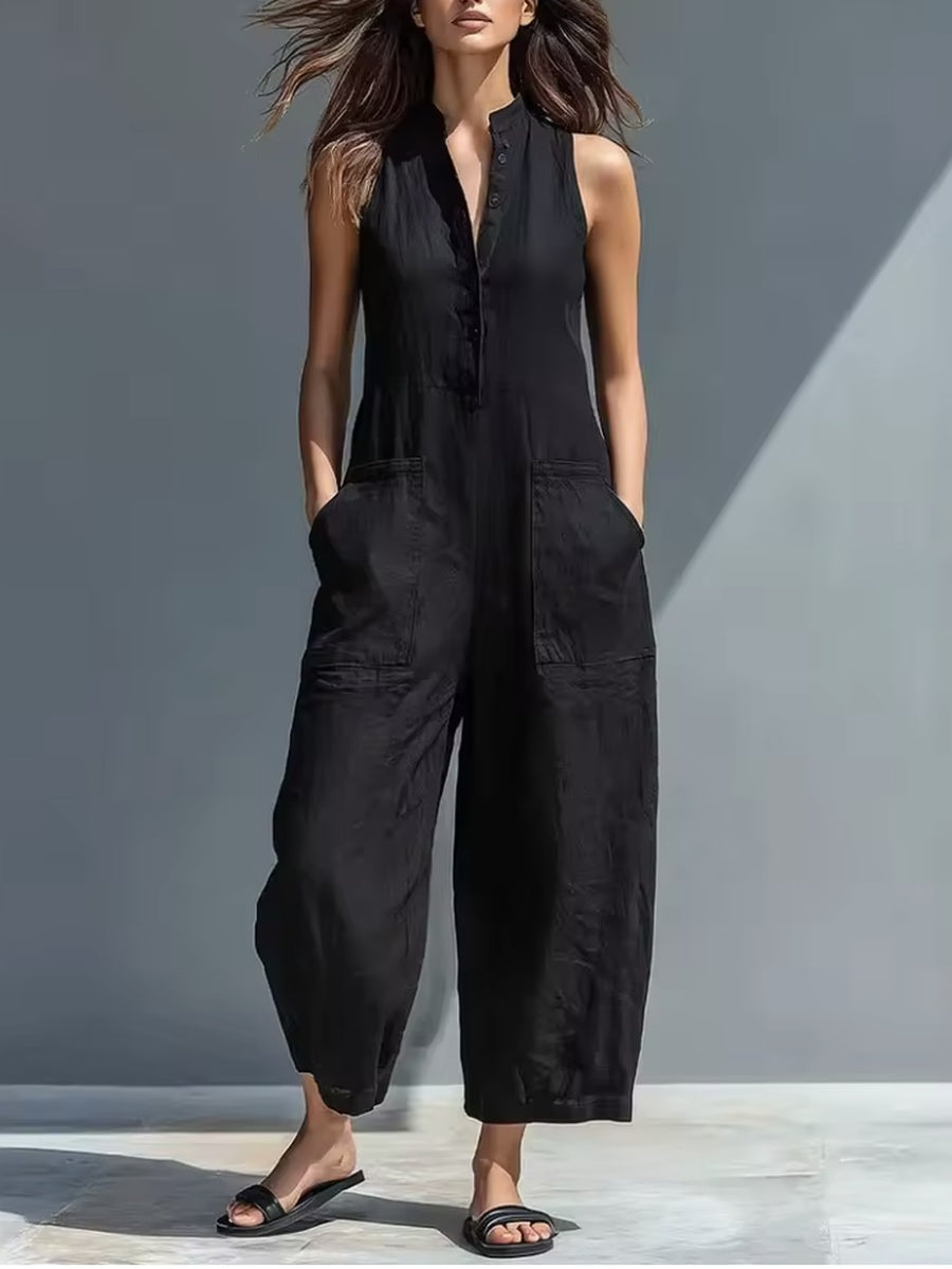 Button Front Sleeveless Wide Leg Pocket Jumpsuit