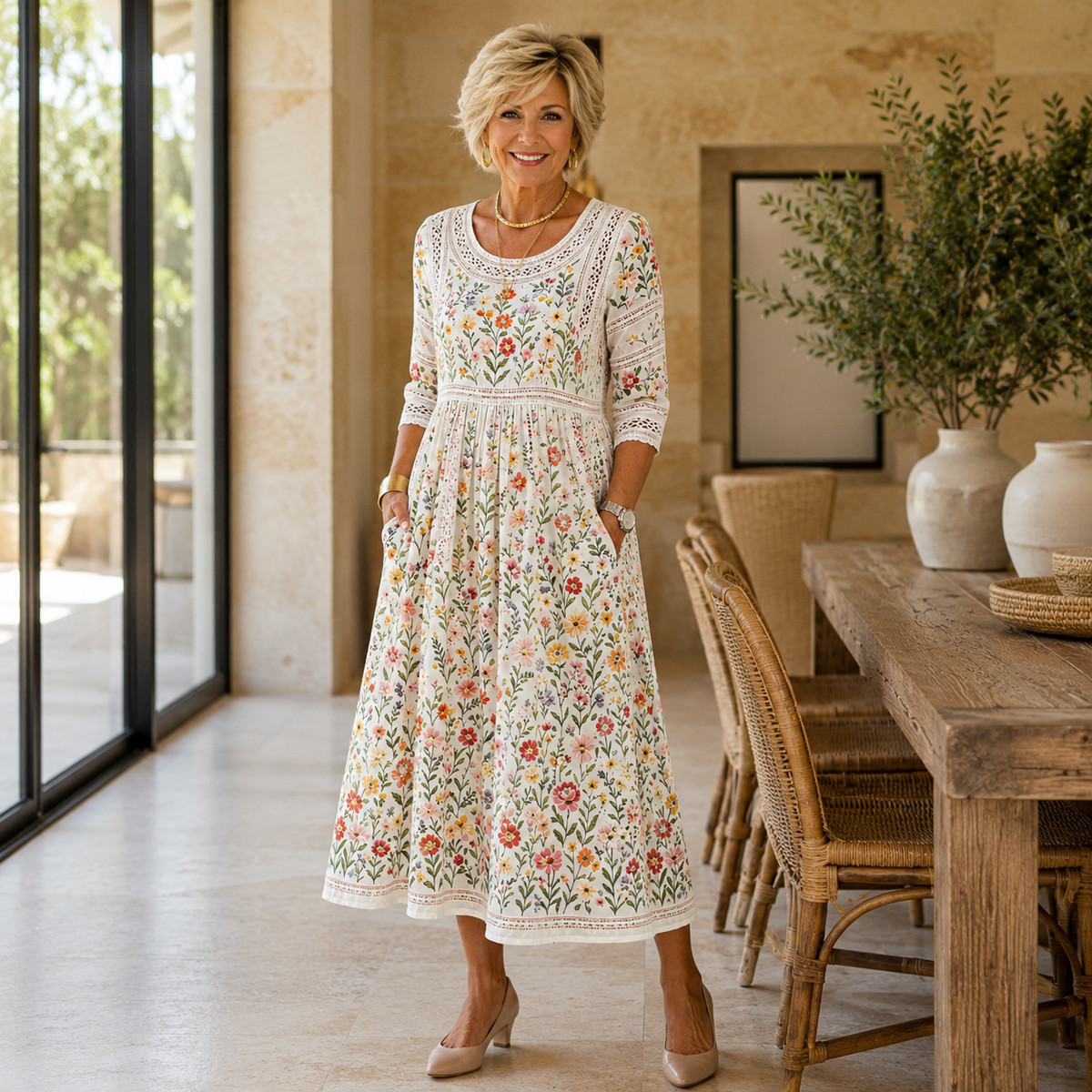 Embroidered Floral Round Neck Lace Trim Midi Dress