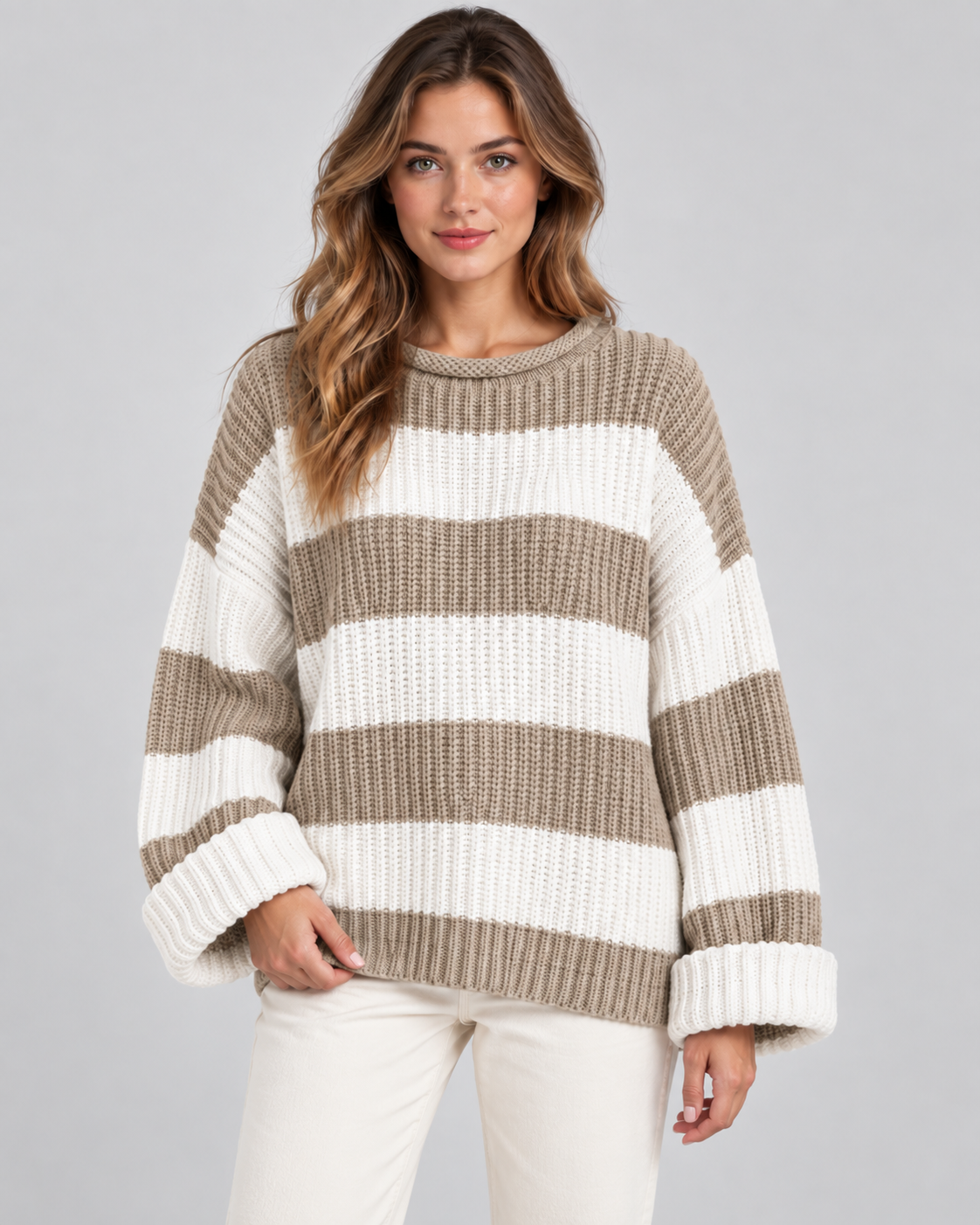Striped Chunky Knit Oversized Crew Neck Sweater 10