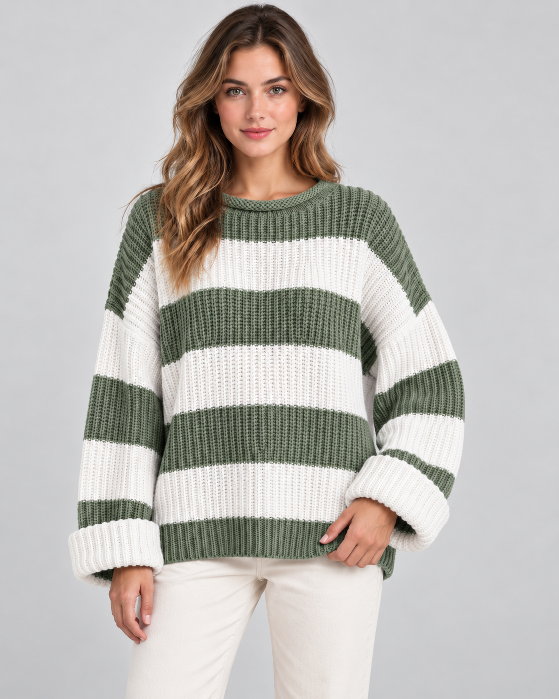 Striped Chunky Knit Oversized Crew Neck Sweater 6