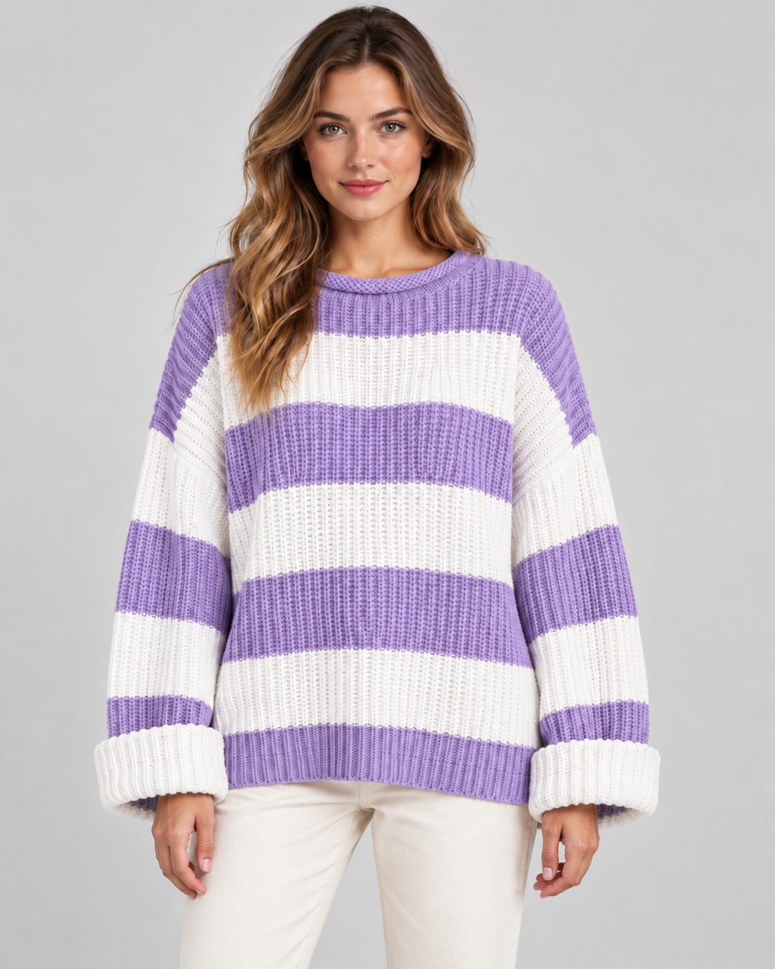 Striped Chunky Knit Oversized Crew Neck Sweater 8
