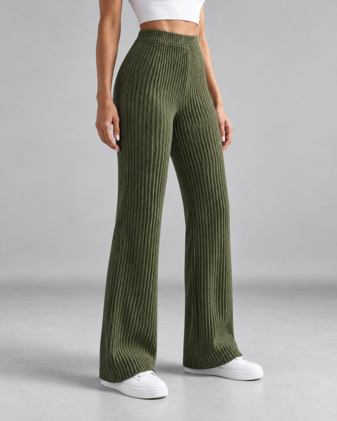 High Waist Ribbed Knit Flare Wide Leg Pants 4
