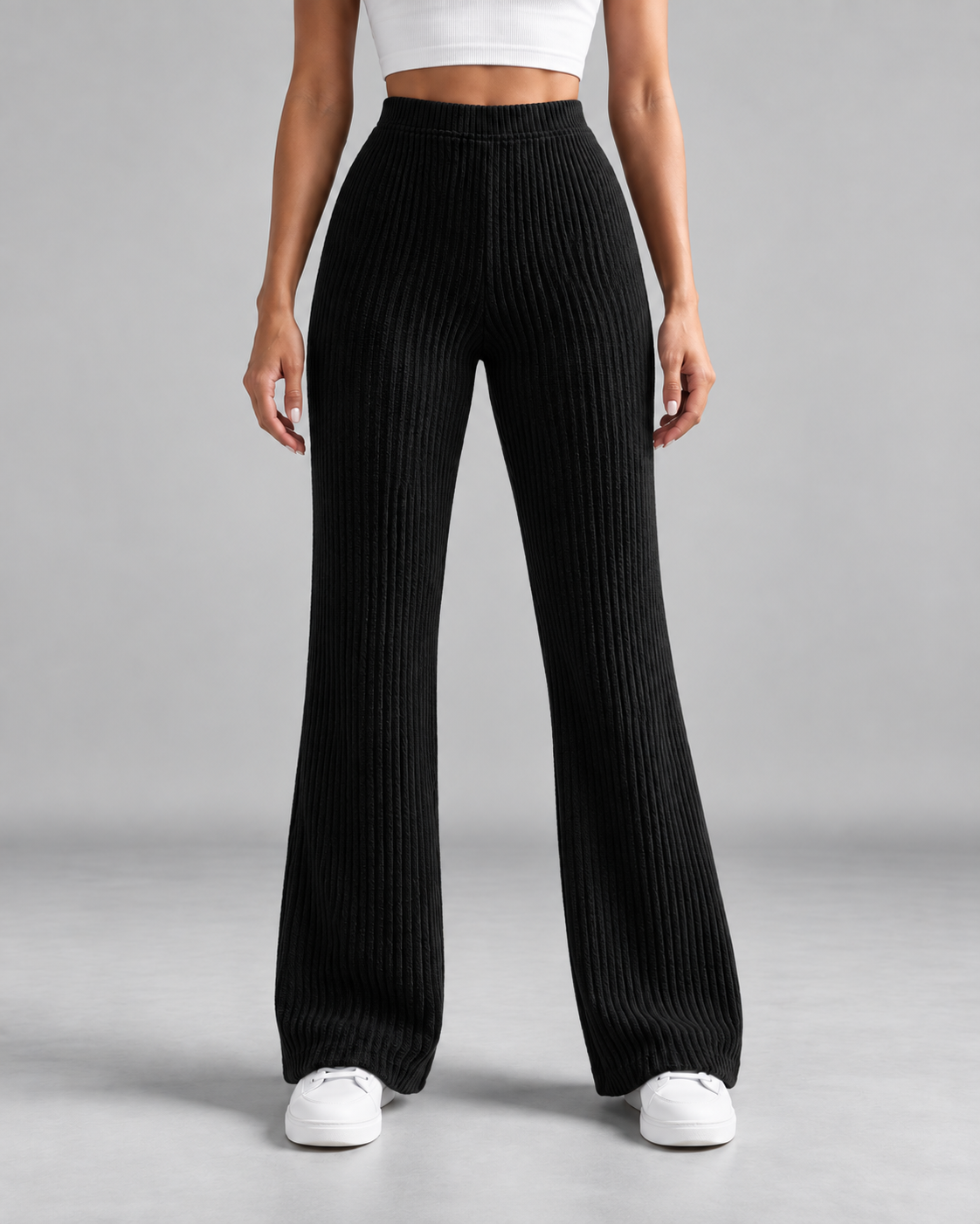 High Waist Ribbed Knit Flare Wide Leg Pants