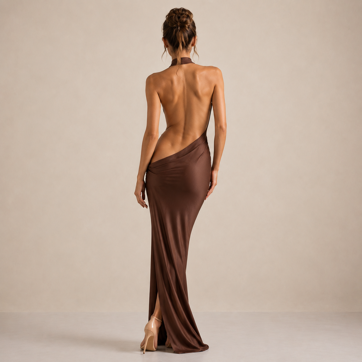 High Neck Cut Out Draped Satin Maxi Gown 11