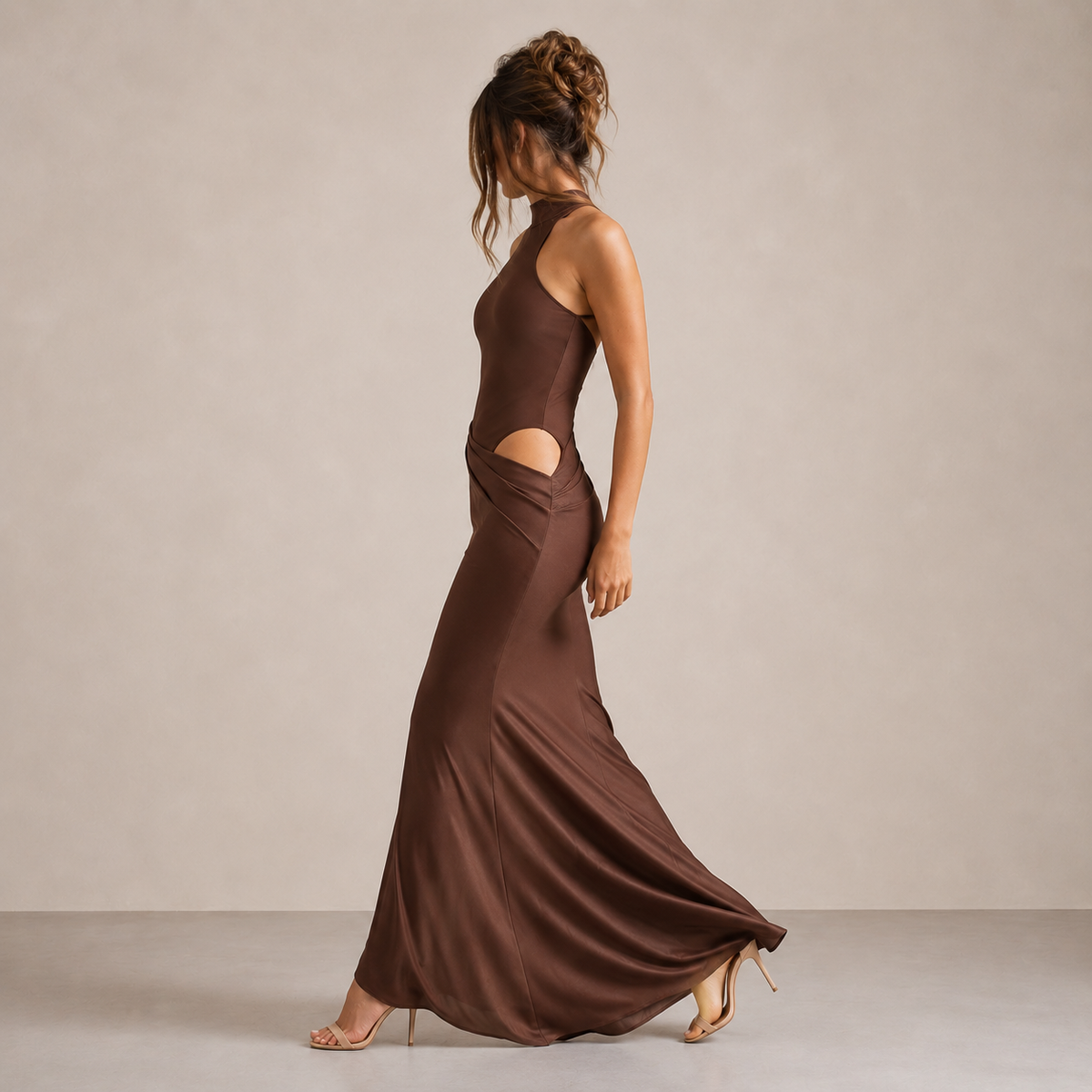 High Neck Cut Out Draped Satin Maxi Gown 12