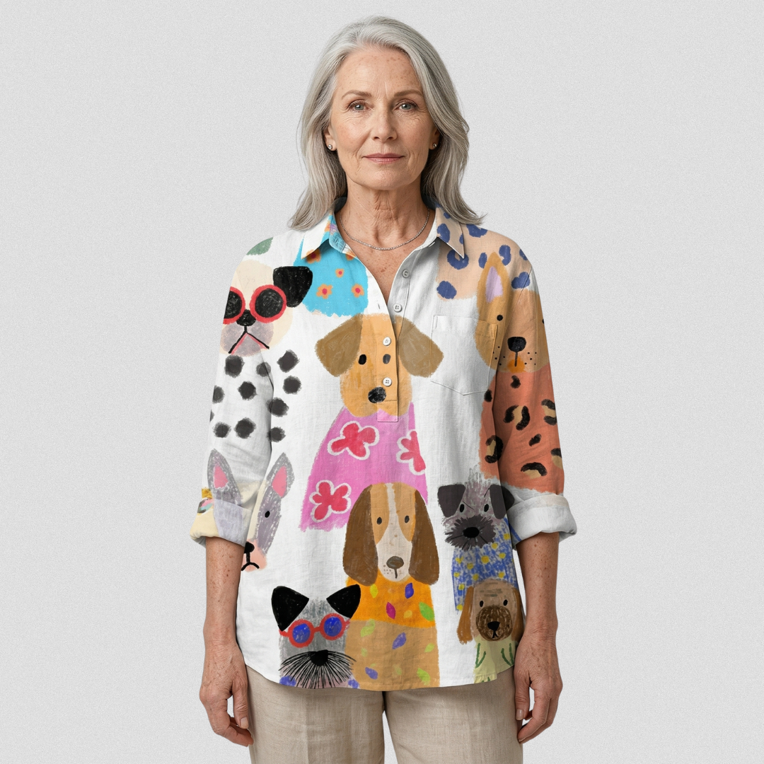 Cartoon Dog Print Button Front Long Sleeve Shirt 2