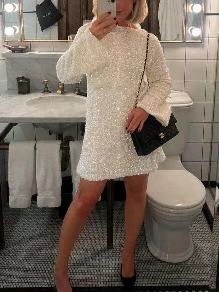Sequin Long Sleeve Open Back Oversized Bow Back Mini Party Dress - View 4