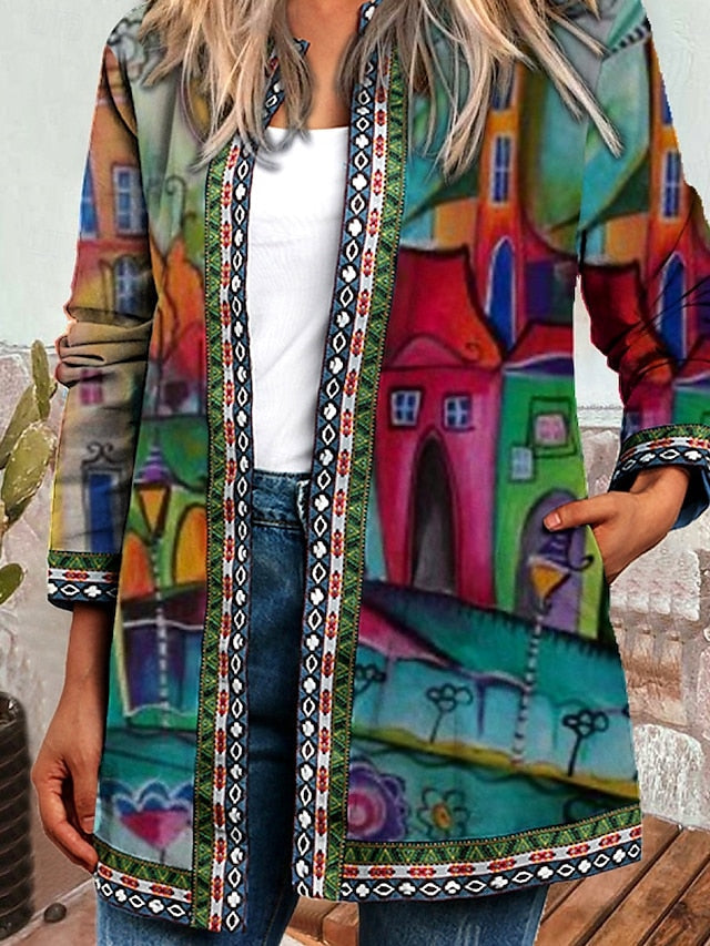 Floral Bohemian Border Print Open Front Longline Jacket 5