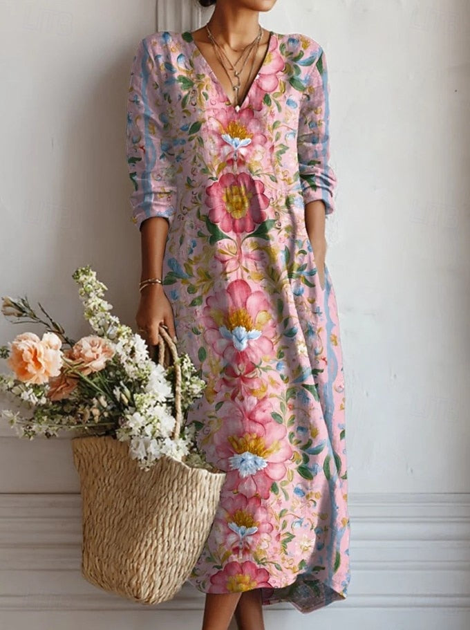 Watercolor Floral V-Neck Long Sleeve Maxi Dress