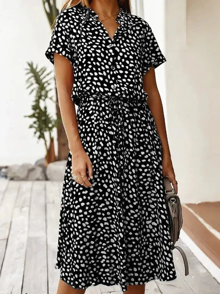 Animal Print Collared Short Sleeve Drawstring Midi Shirt Dress 7