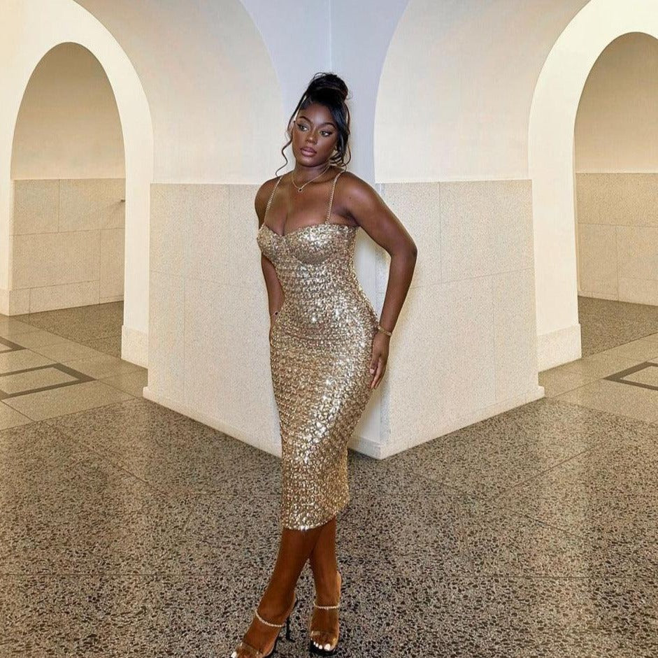 Sequin Spaghetti Strap Sweetheart Corset Bodycon Midi Dress - View 2