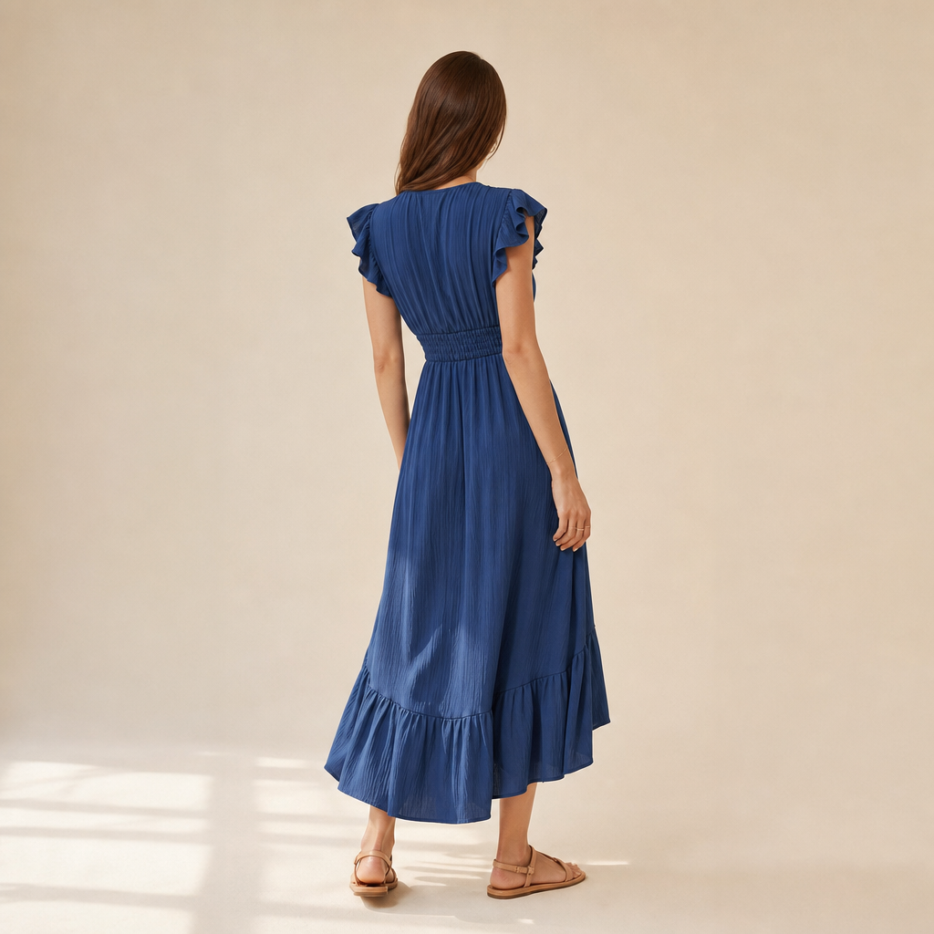 V-Neck Flutter Sleeve Shirred Waist Tiered Maxi Dress 9
