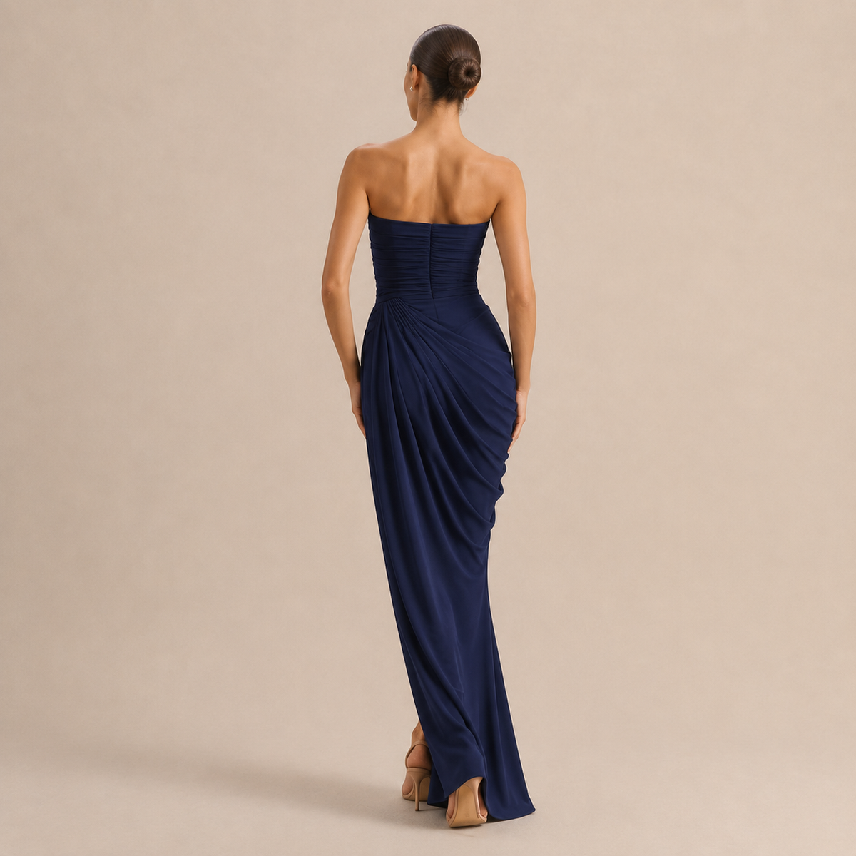 Strapless Ruched Draped High Split Maxi Gown 15