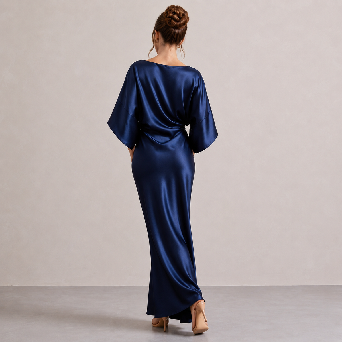 Round Neck Batwing Sleeve Brooch Ruched Satin Maxi Gown 15