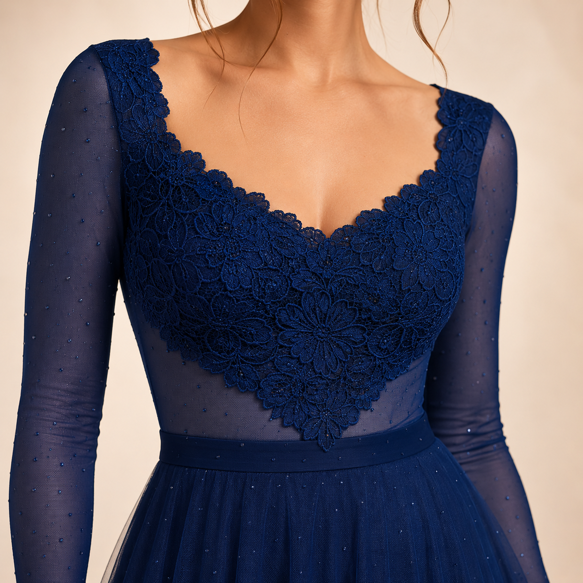 Sweetheart Lace Bodice Long Mesh Sleeve Glitter Skater Mini Dress 8