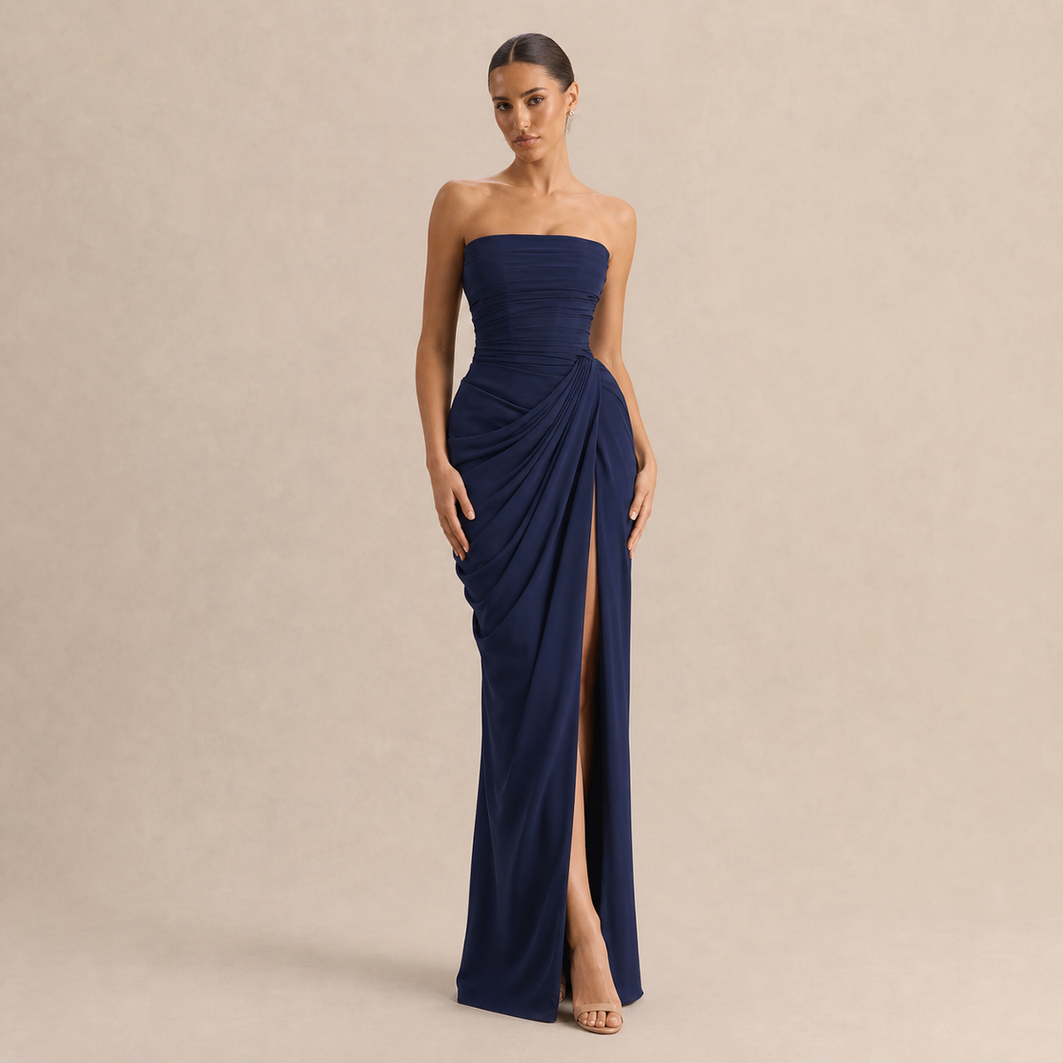 Strapless Ruched Draped High Split Maxi Gown 13