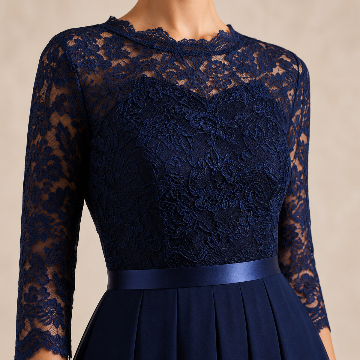 Lace Bodice Long Sleeve Pleated A-Line Maxi Gown 11