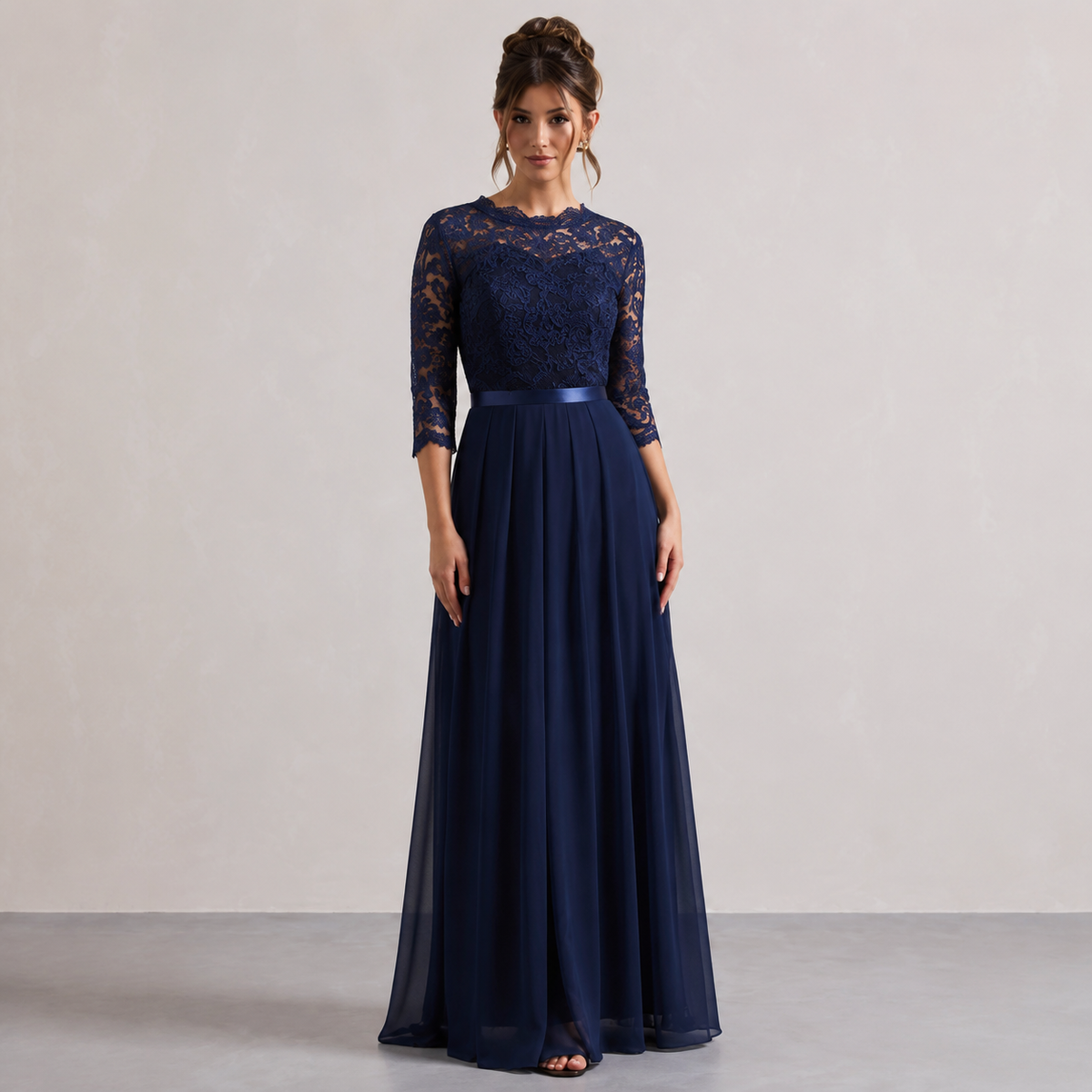 Lace Bodice Long Sleeve Pleated A-Line Maxi Gown 10