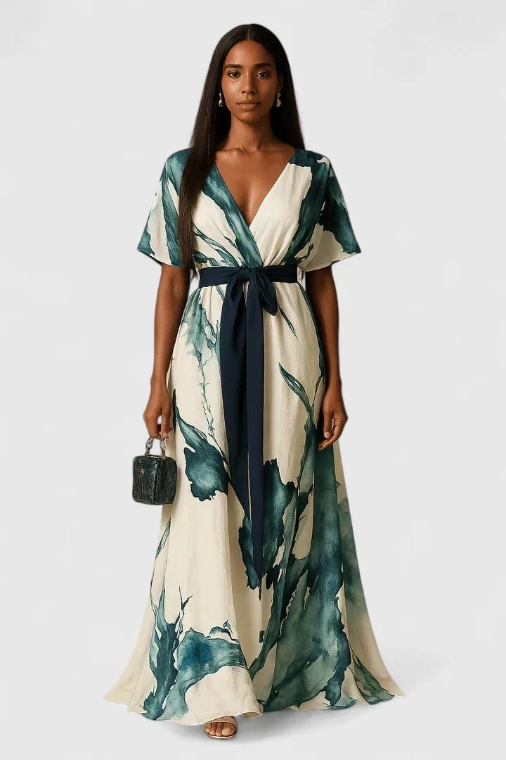 Watercolor Print V-Neck Short Sleeve Belted Maxi Dress 5