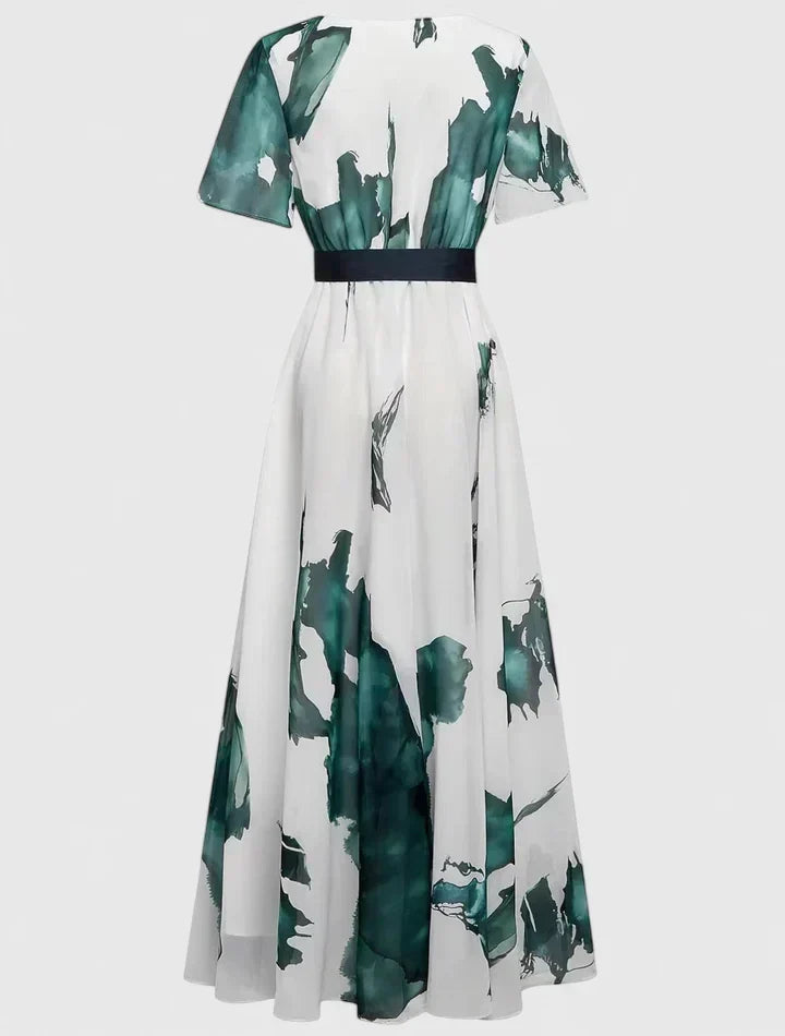 Watercolor Print V-Neck Short Sleeve Belted Maxi Dress 3