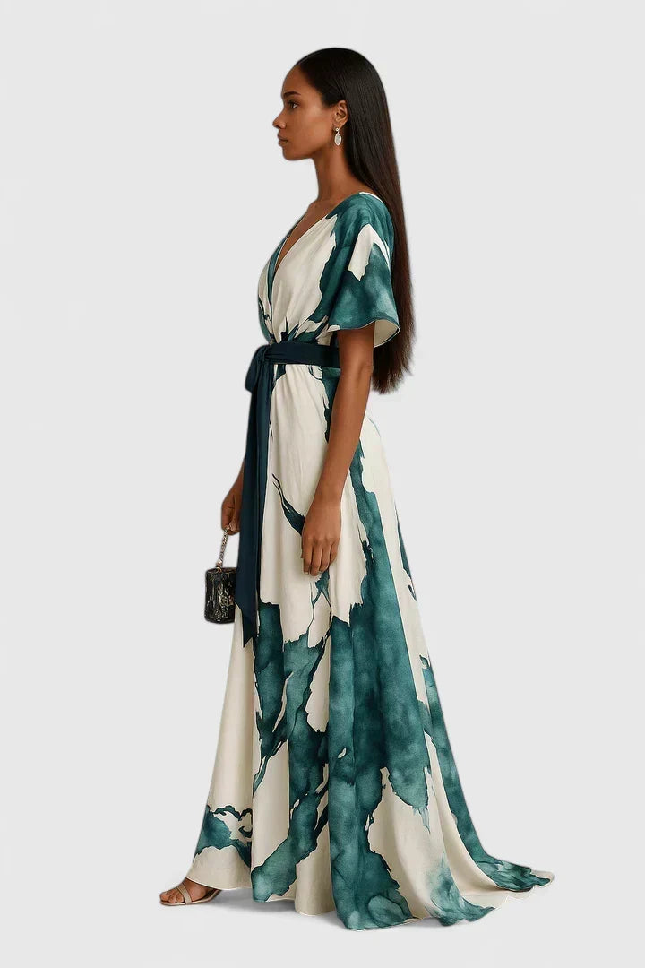 Watercolor Print V-Neck Short Sleeve Belted Maxi Dress 4