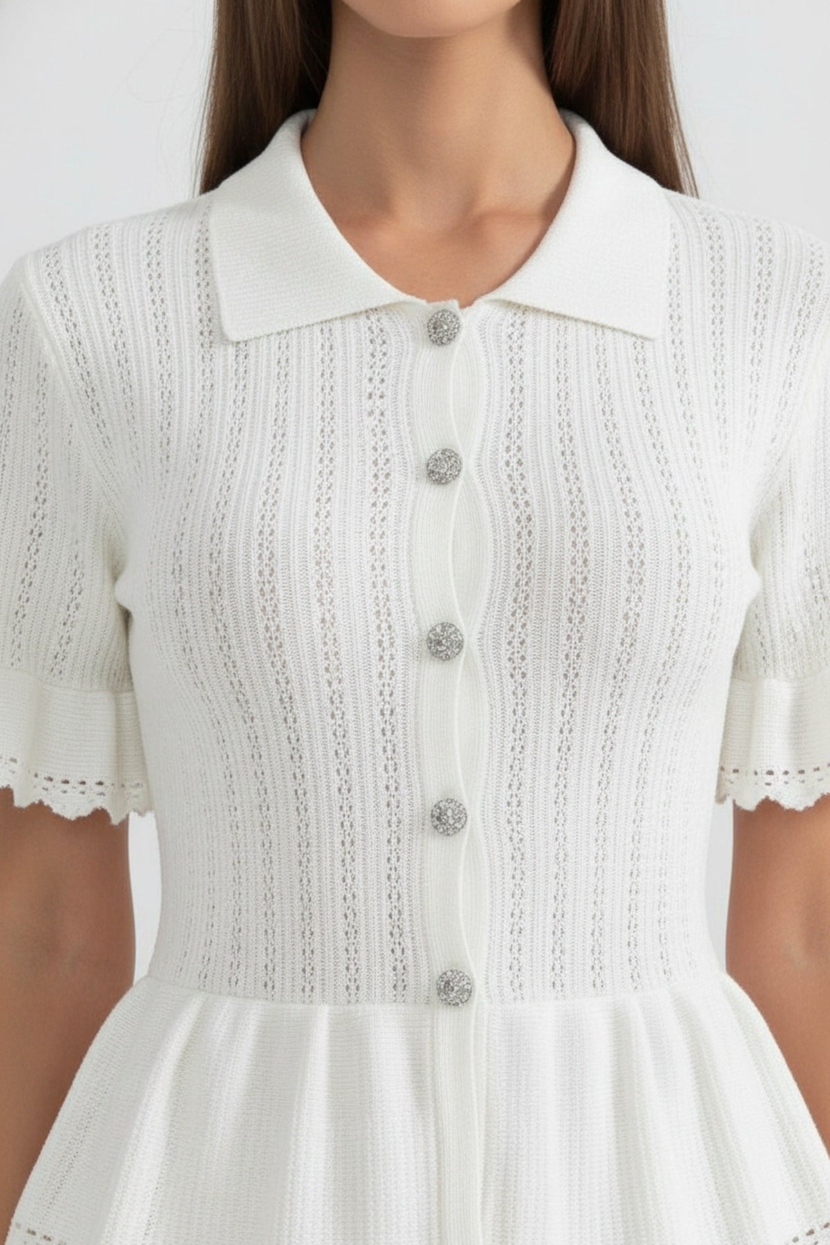 Peter-Pan Collar Knit Peplum Maxi Dress With Lace Hem - White - View 4