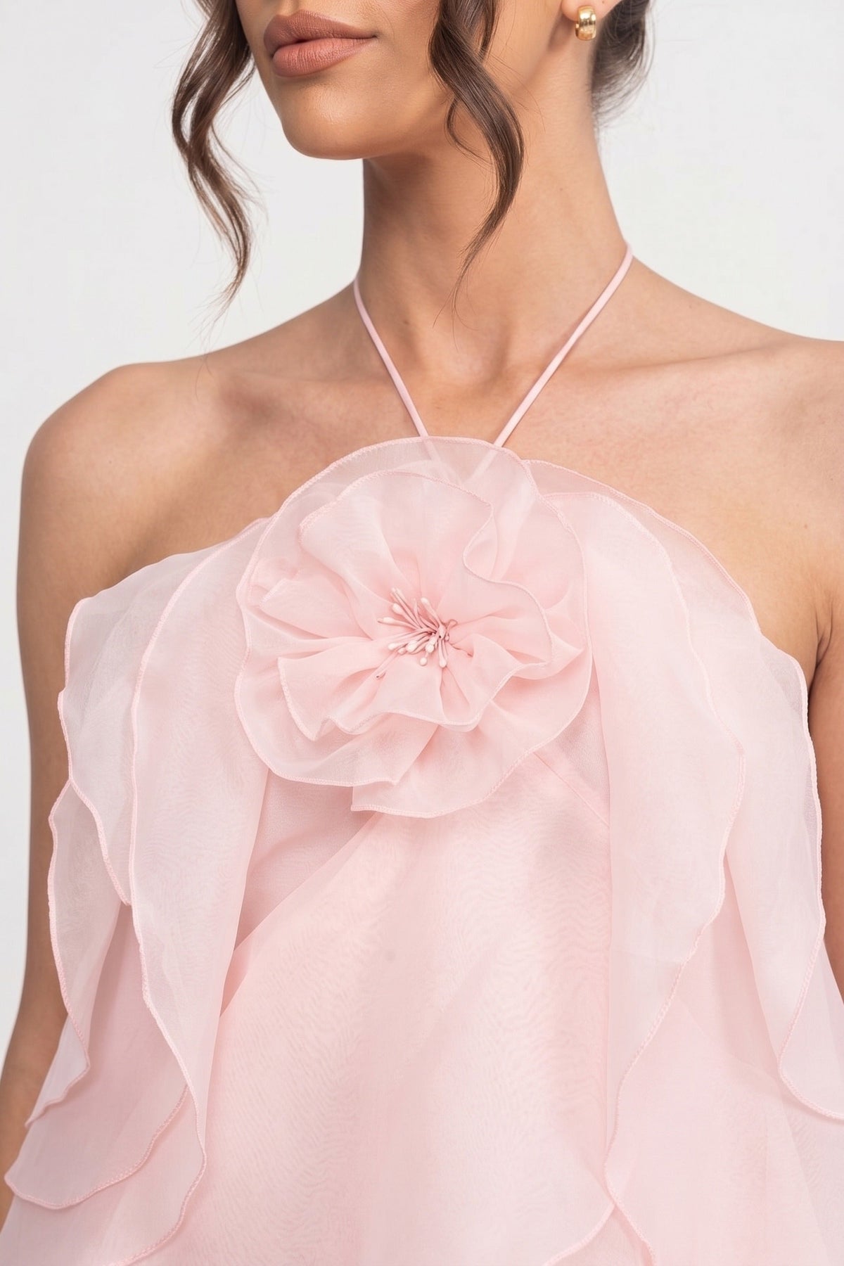 Tiered Ruffle Mini Dress With 3D Floral Halter Neck - Pink - View 5