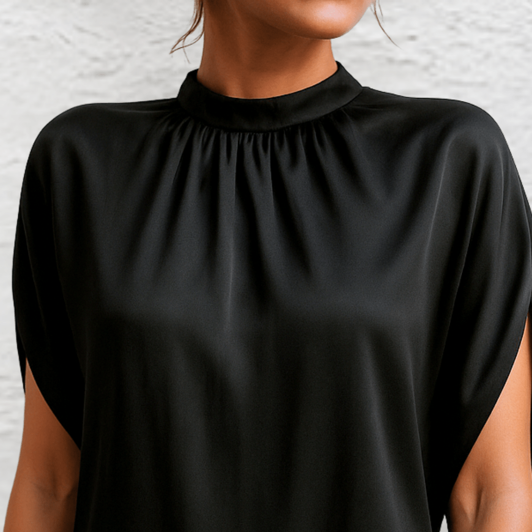 Mock Neck Batwing Sleeve Satin Shift Mini Dress 4